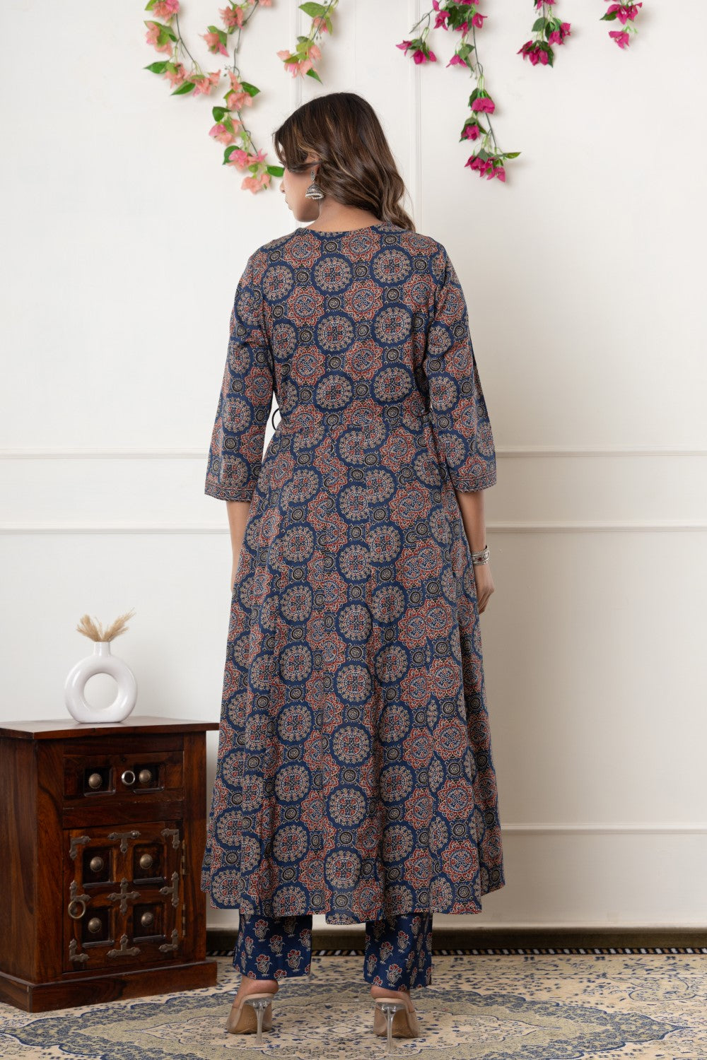 Blue Cotton Anarkali Kurta Pant Set with Dupatta-800116