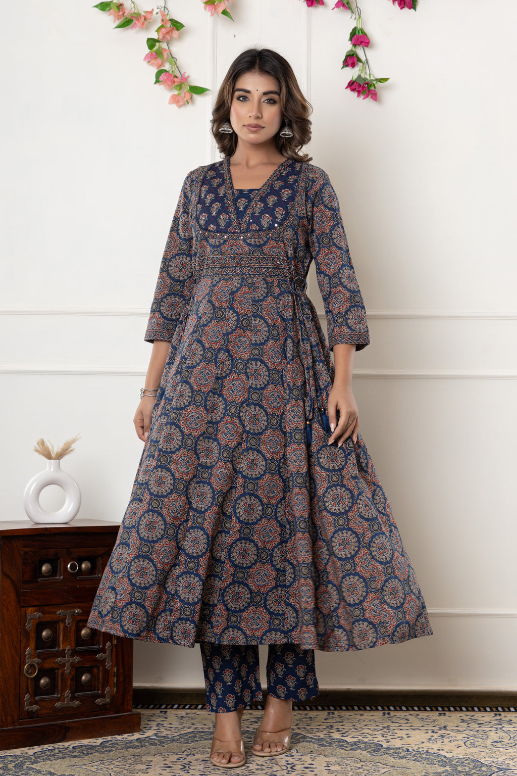 Blue Cotton Anarkali Kurta Pant Set with Dupatta-800116