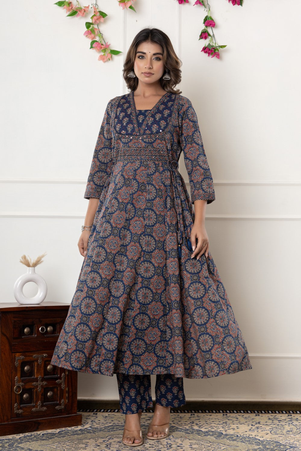 Blue Cotton Anarkali Kurta Pant Set with Dupatta-800116