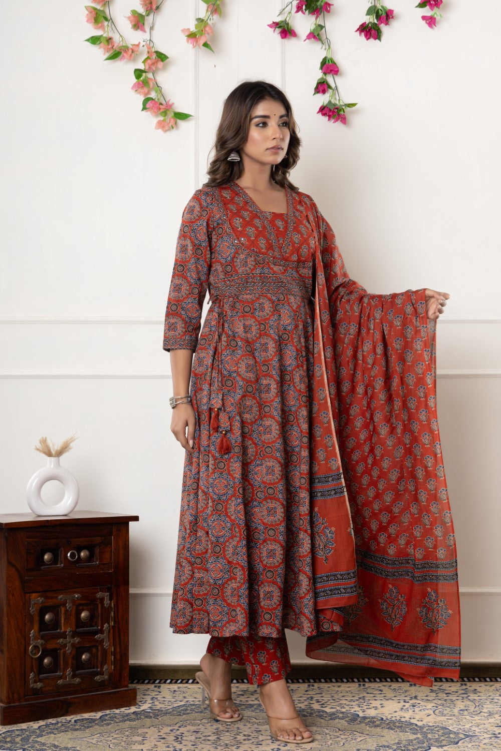 Red Cotton Anarkali Kurta Pant Set with Dupatta-800116