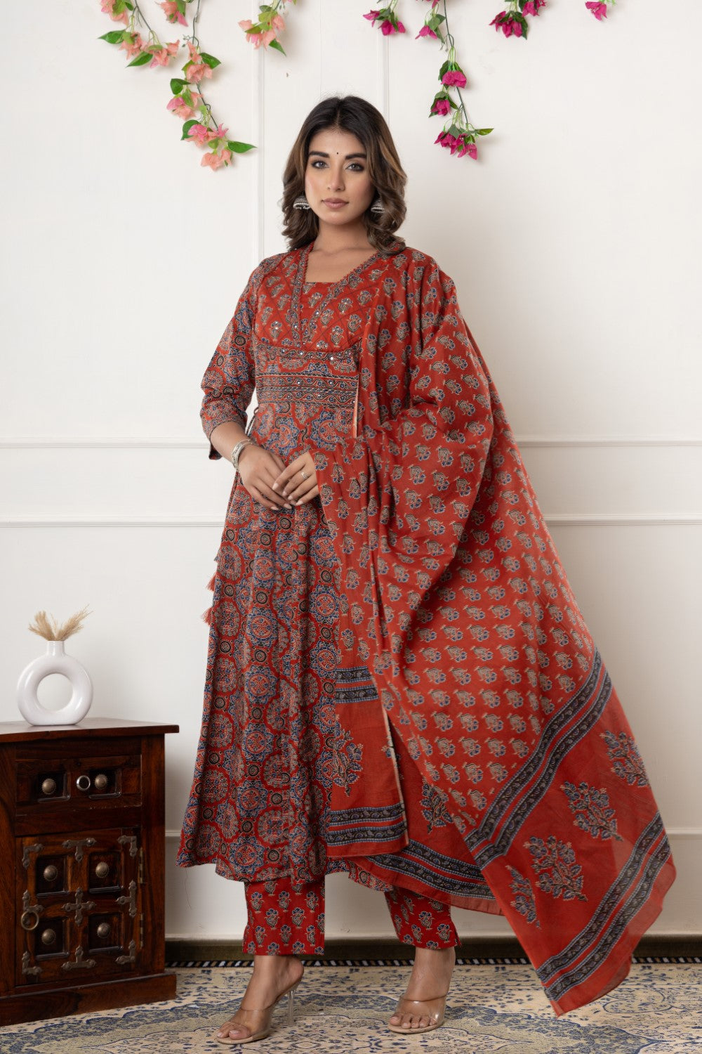 Red Cotton Anarkali Kurta Pant Set with Dupatta-800116