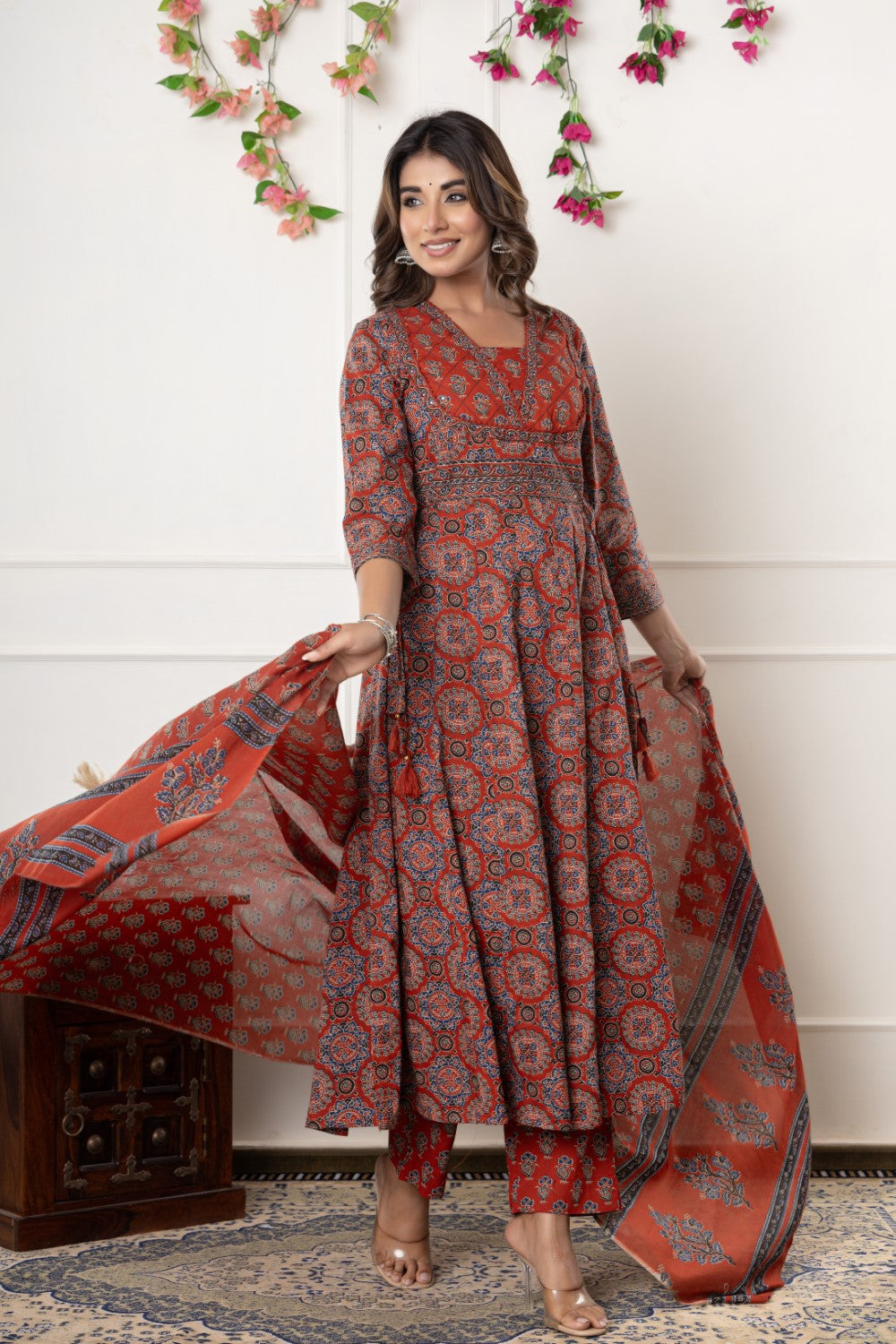 Red Cotton Anarkali Kurta Pant Set with Dupatta-800116