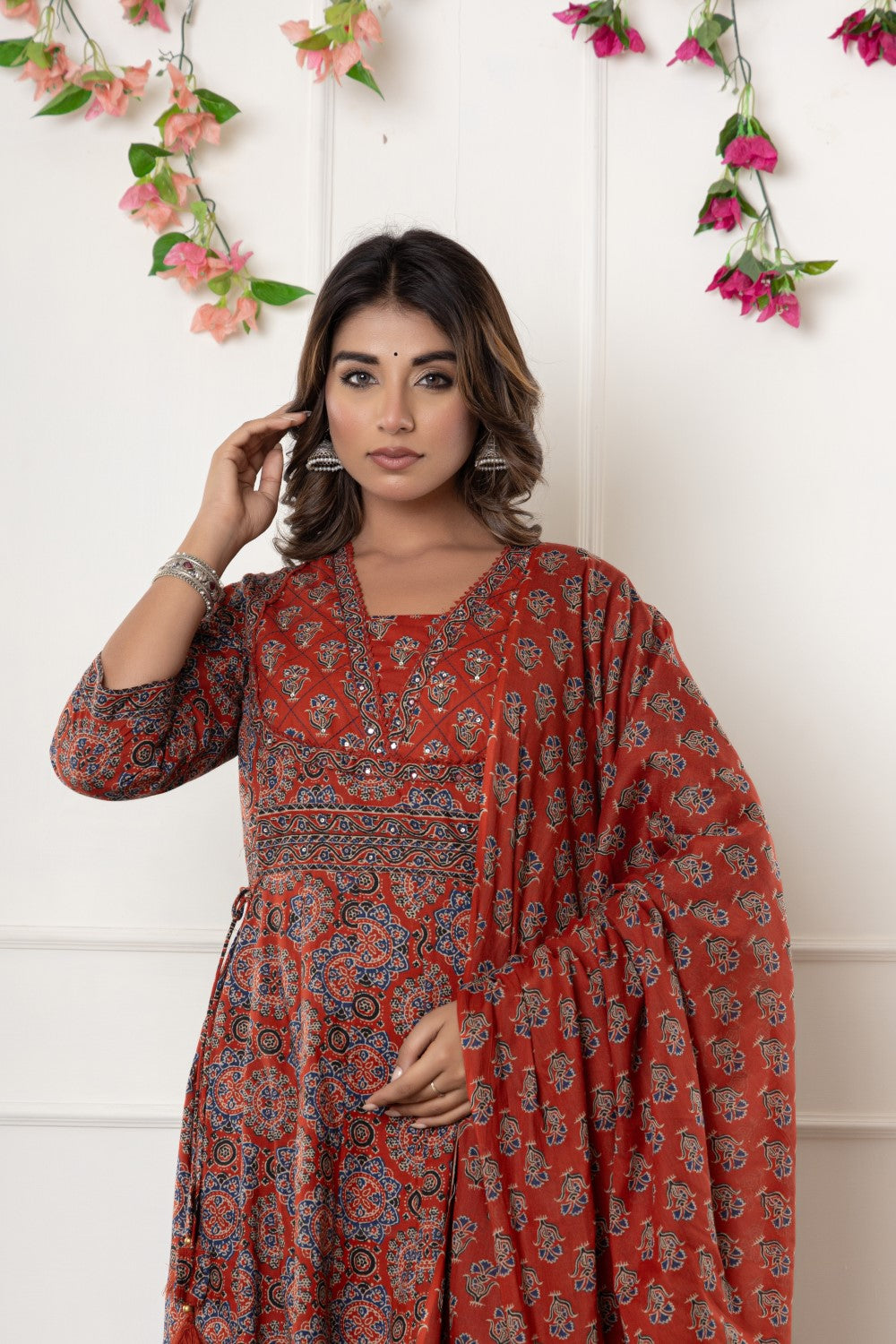 Red Cotton Anarkali Kurta Pant Set with Dupatta-800116