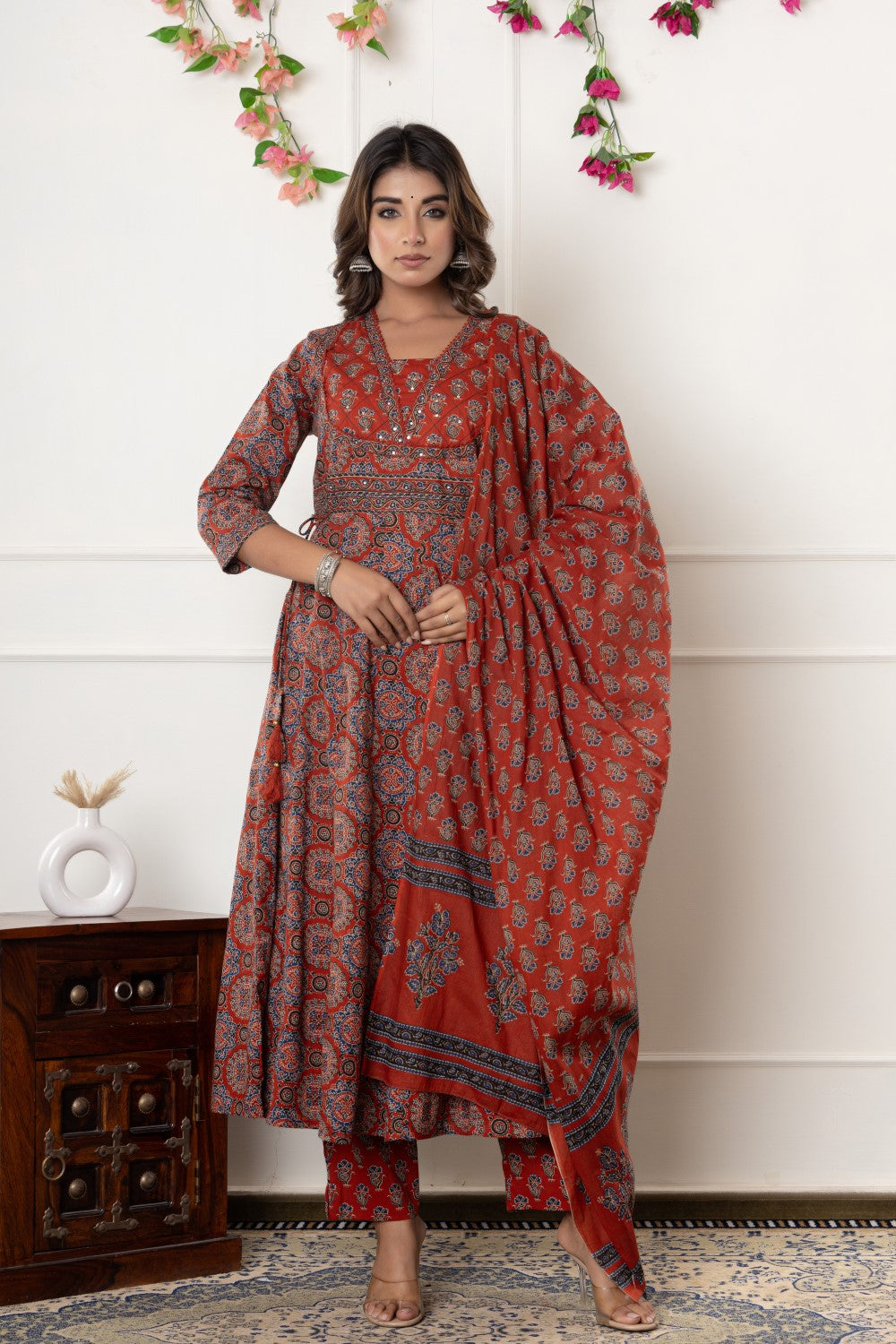 Red Cotton Anarkali Kurta Pant Set with Dupatta-800116