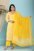 Yellow Cotton Kurta Pant Set with Dupatta-800126