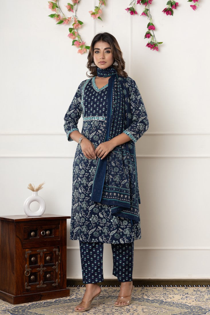 Blue Kurta Pant Set with Dupatta-800127