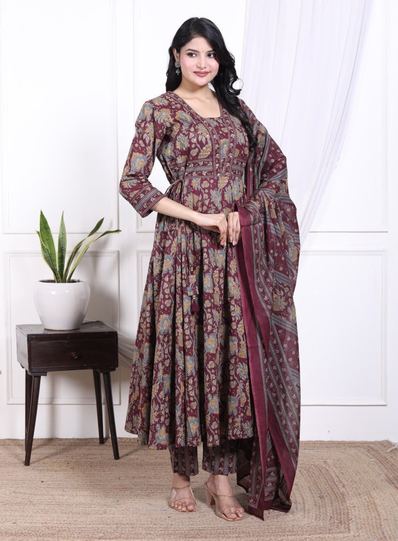 Purple Cotton Anarkali Kurta Pant Set with Dupatta-800128