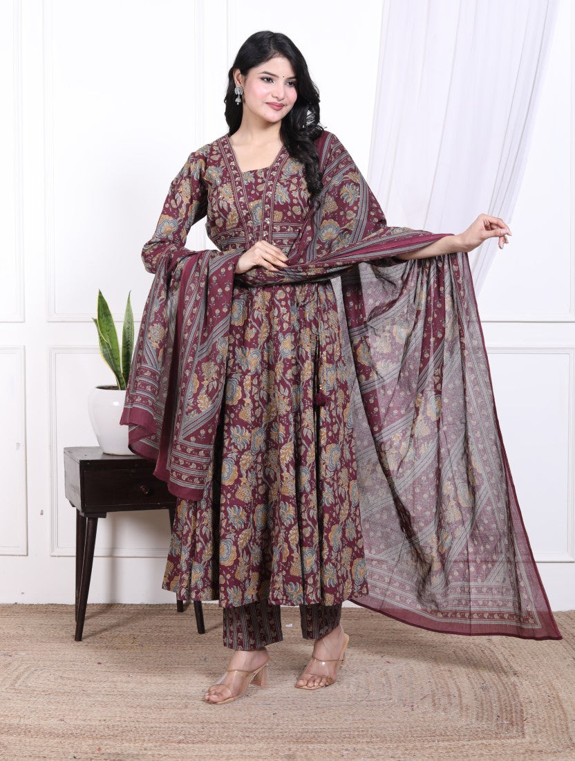 Purple Cotton Anarkali Kurta Pant Set with Dupatta-800128