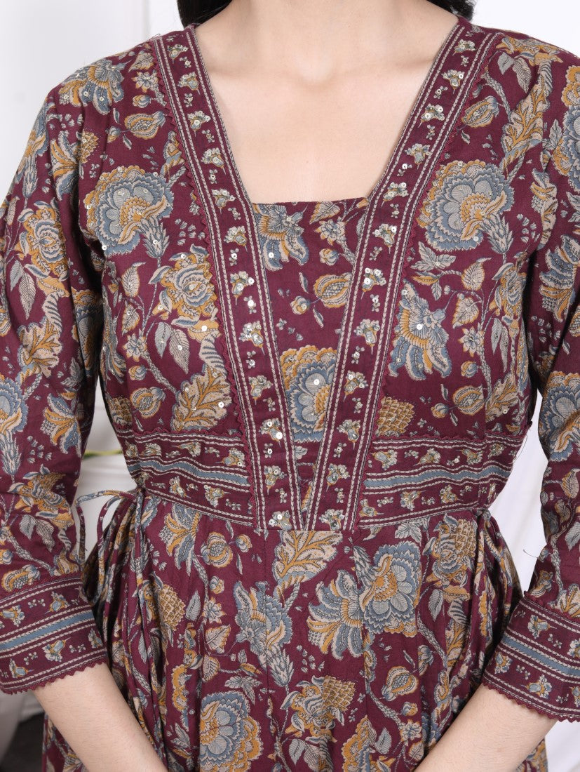 Purple Cotton Anarkali Kurta Pant Set with Dupatta-800128