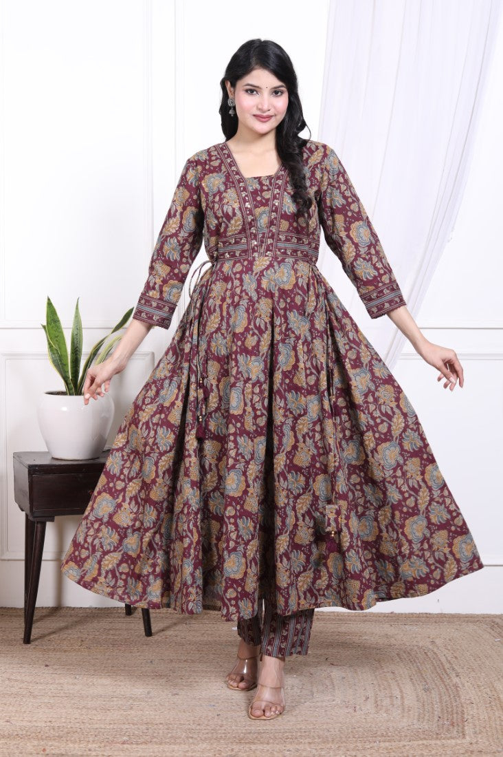 Purple Cotton Anarkali Kurta Pant Set with Dupatta-800128