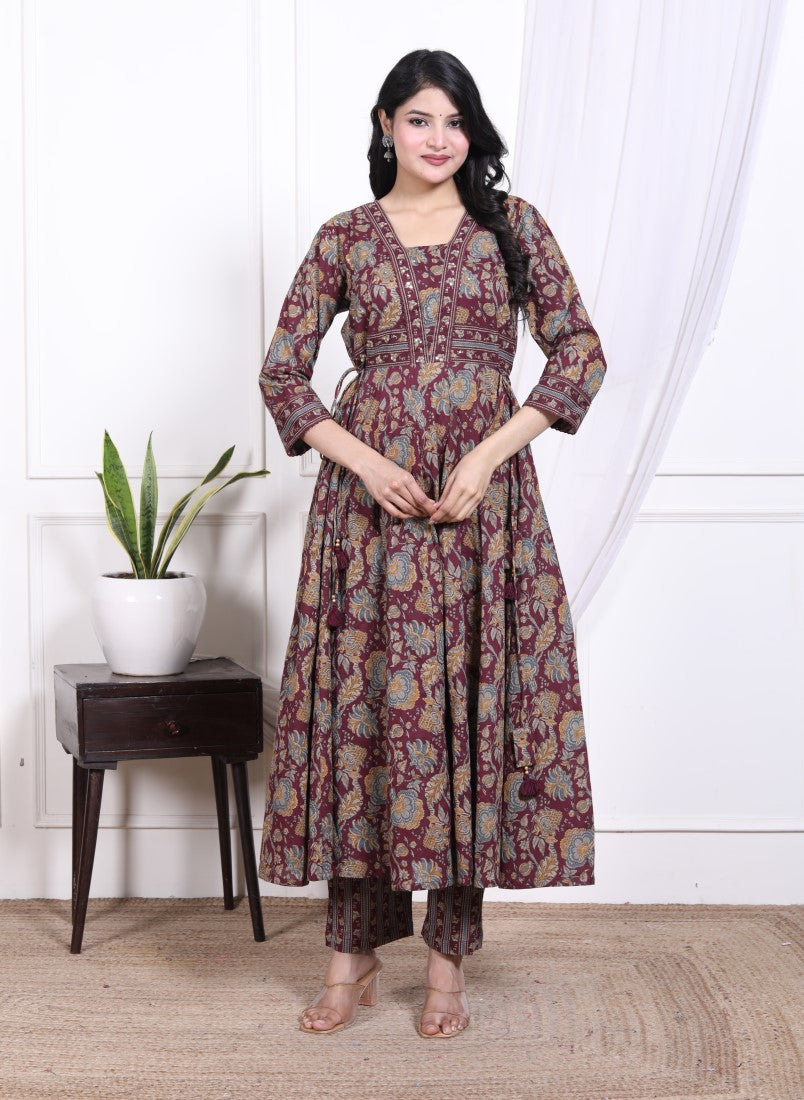 Purple Cotton Anarkali Kurta Pant Set with Dupatta-800128