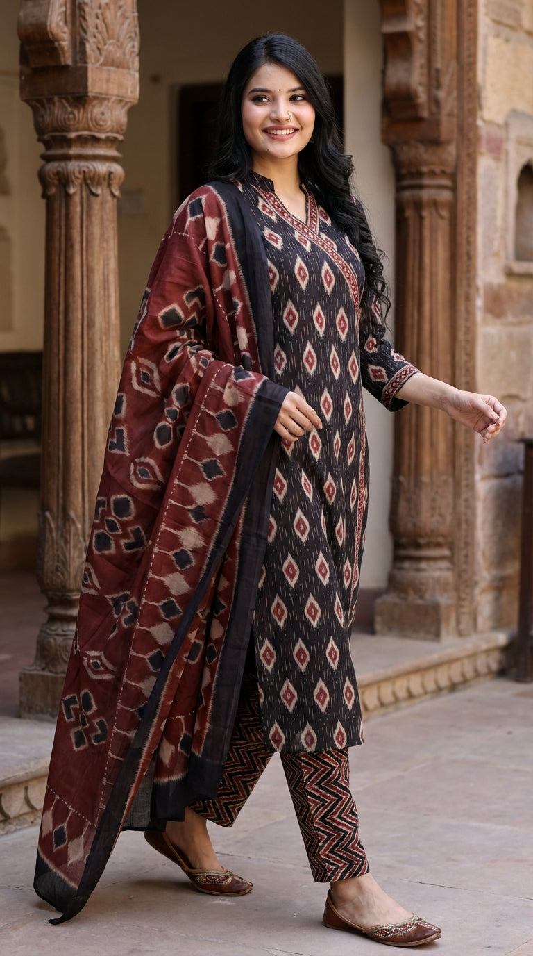 Black Cotton Kurta Pant Set with Dupatta-800130