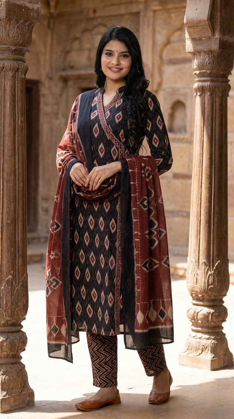 Black Cotton Kurta Pant Set with Dupatta-800130