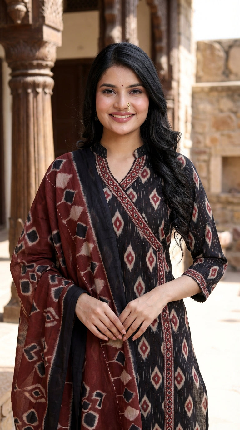 Black Cotton Kurta Pant Set with Dupatta-800130