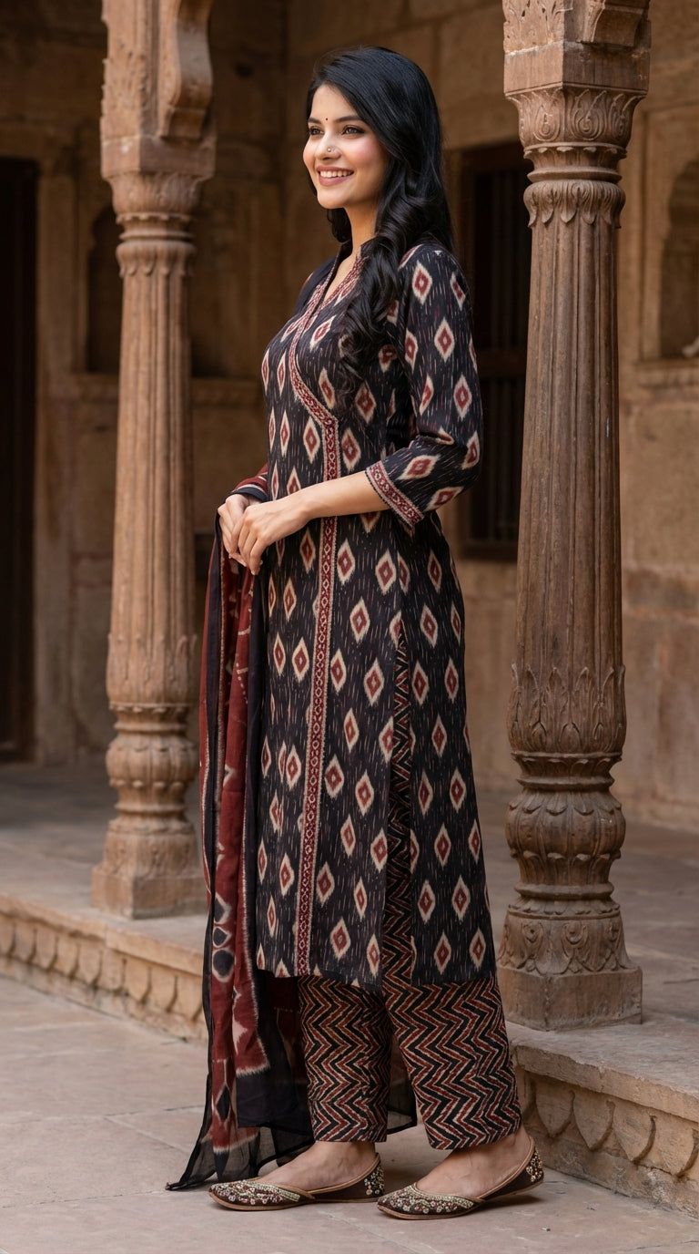 Black Cotton Kurta Pant Set with Dupatta-800130