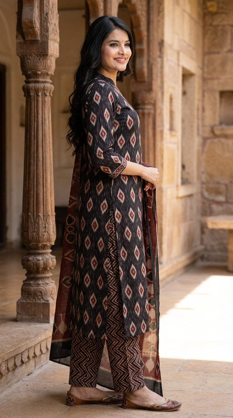 Black Cotton Kurta Pant Set with Dupatta-800130