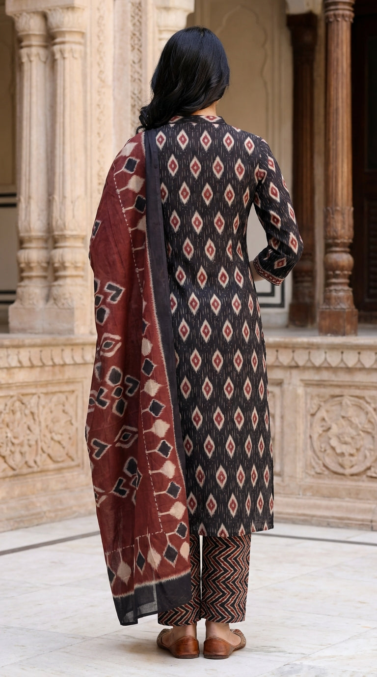 Black Cotton Kurta Pant Set with Dupatta-800130