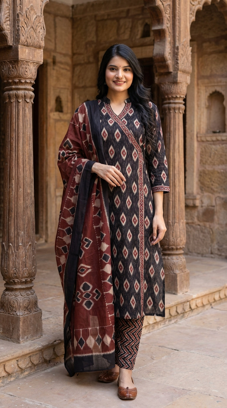 Black Cotton Kurta Pant Set with Dupatta-800130