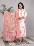 Off White Cotton Kurta Pant Set with Dupatta-800131