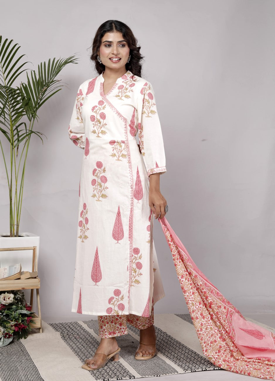 Off White Cotton Kurta Pant Set with Dupatta-800131