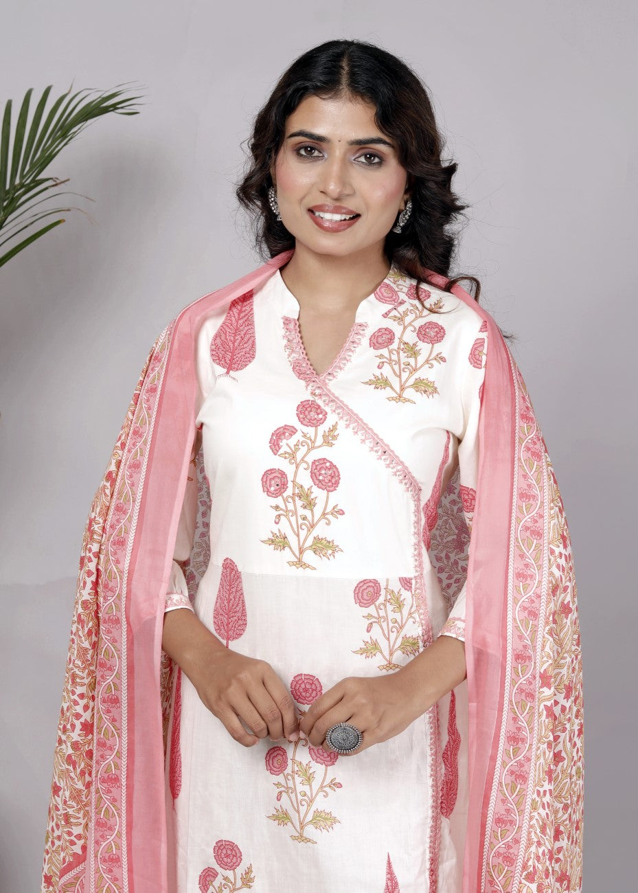 Off White Cotton Kurta Pant Set with Dupatta-800131