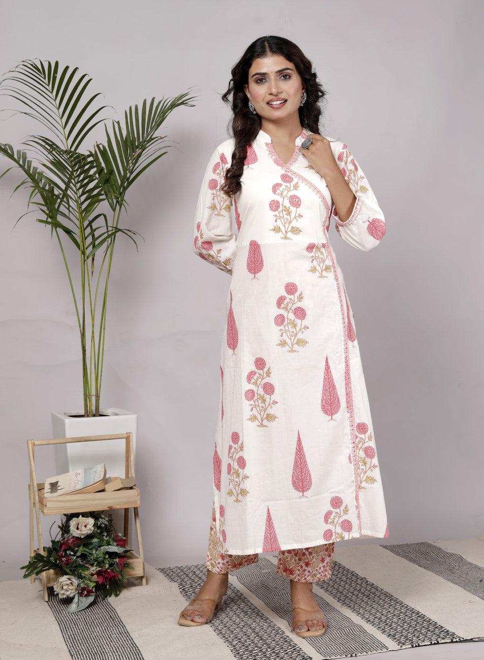 Off White Cotton Kurta Pant Set with Dupatta-800131