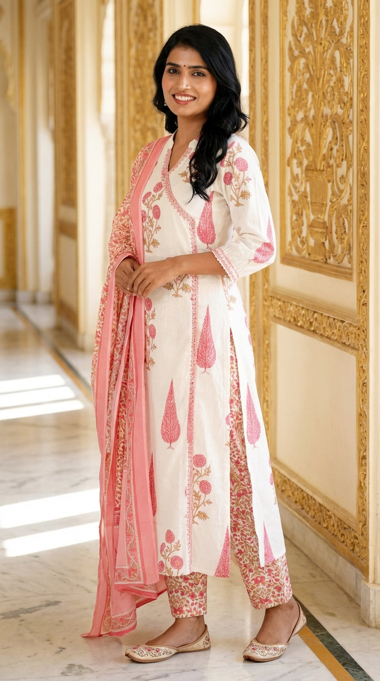 Off White Cotton Kurta Pant Set with Dupatta-800131