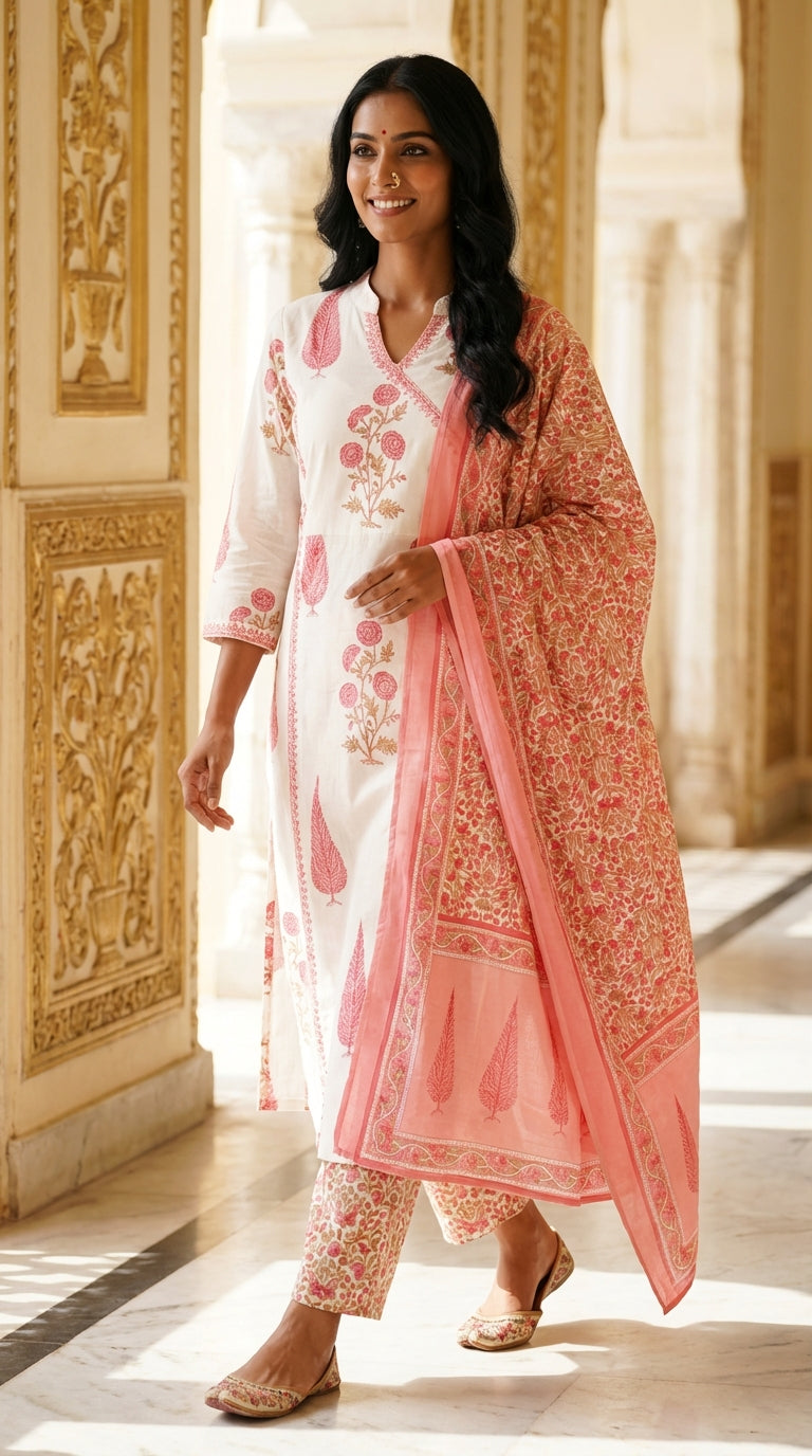 Off White Cotton Kurta Pant Set with Dupatta-800131