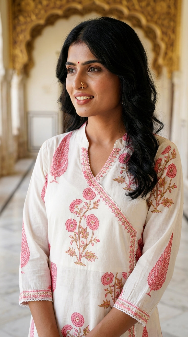 Off White Cotton Kurta Pant Set with Dupatta-800131