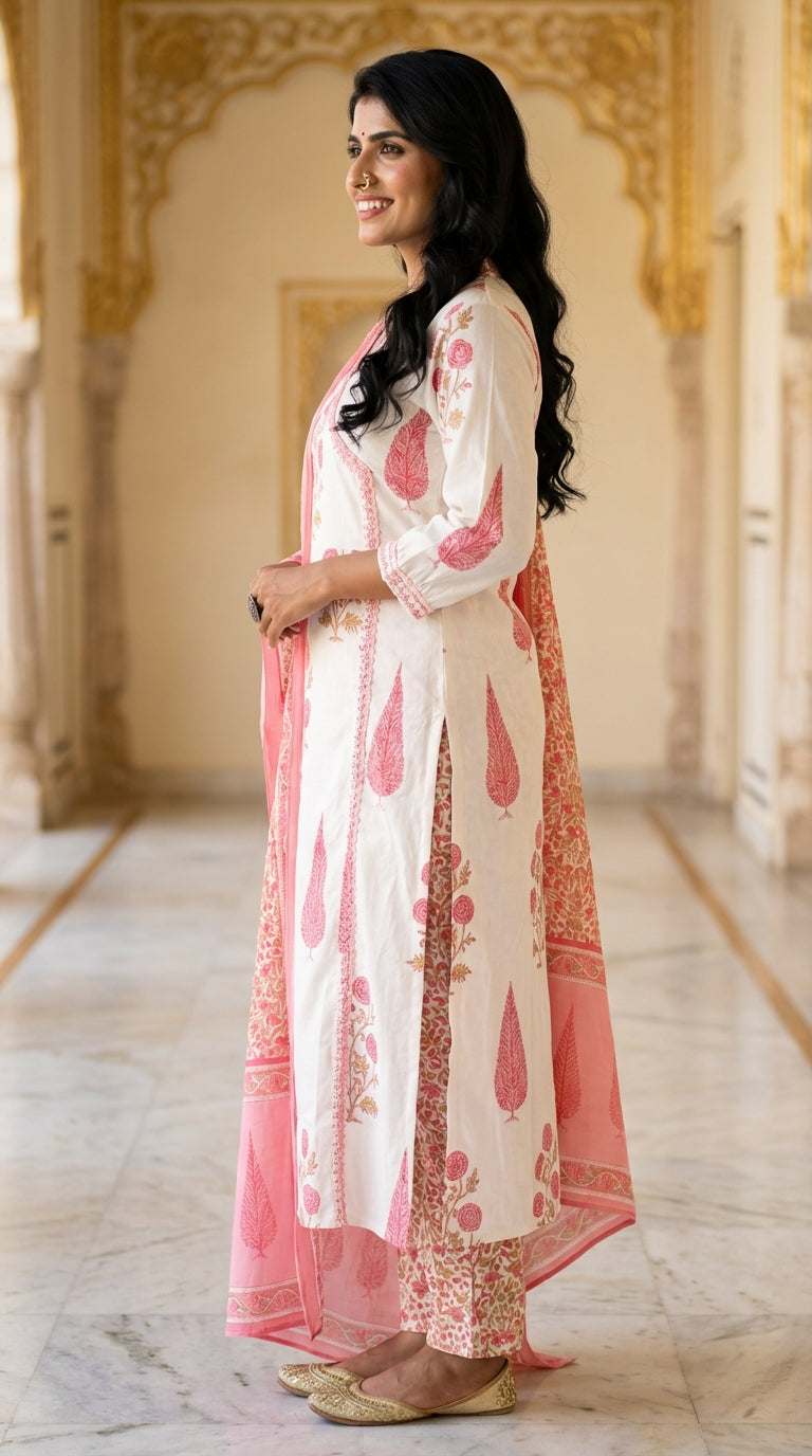 Off White Cotton Kurta Pant Set with Dupatta-800131