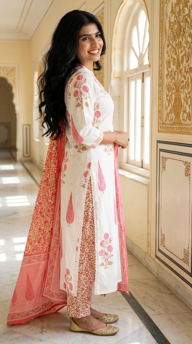 Off White Cotton Kurta Pant Set with Dupatta-800131