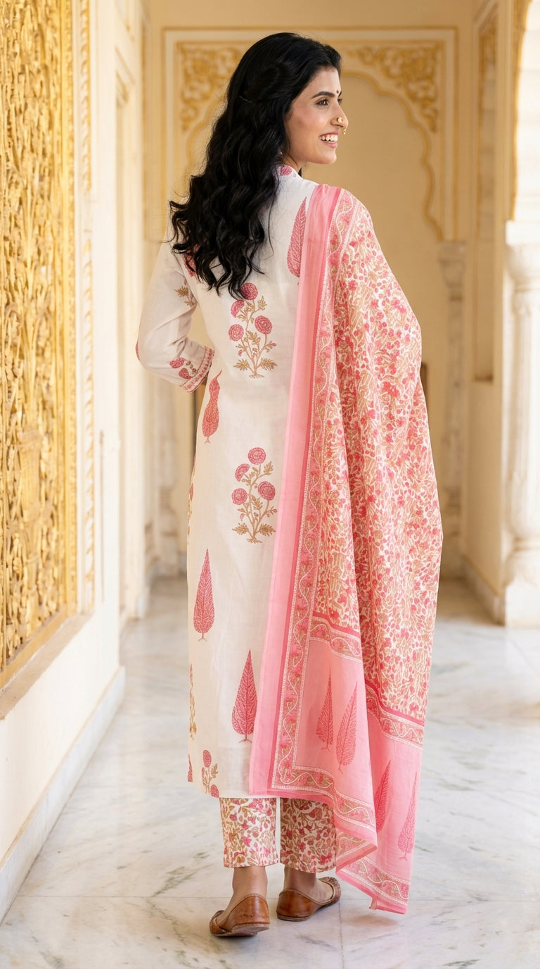 Off White Cotton Kurta Pant Set with Dupatta-800131