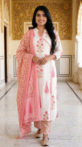 Off White Cotton Kurta Pant Set with Dupatta-800131