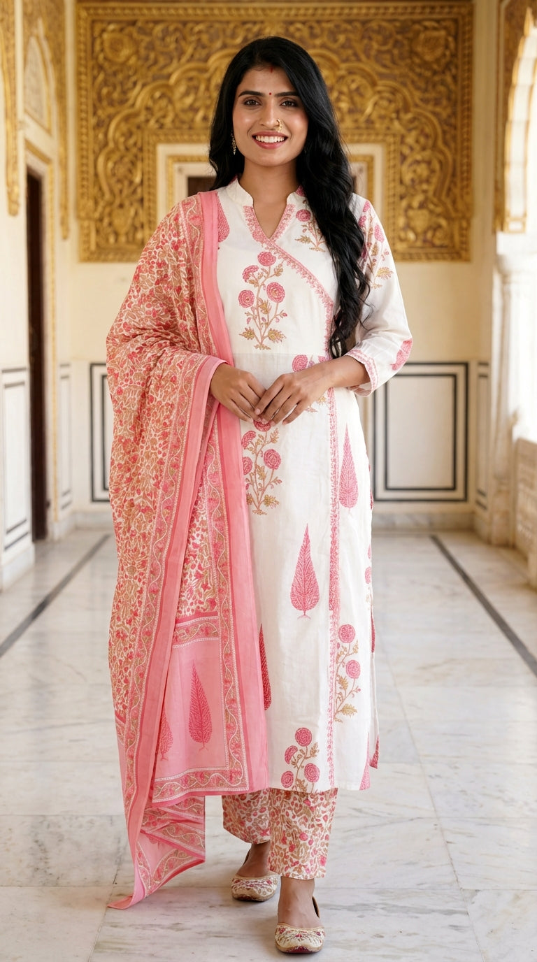 Off White Cotton Kurta Pant Set with Dupatta-800131