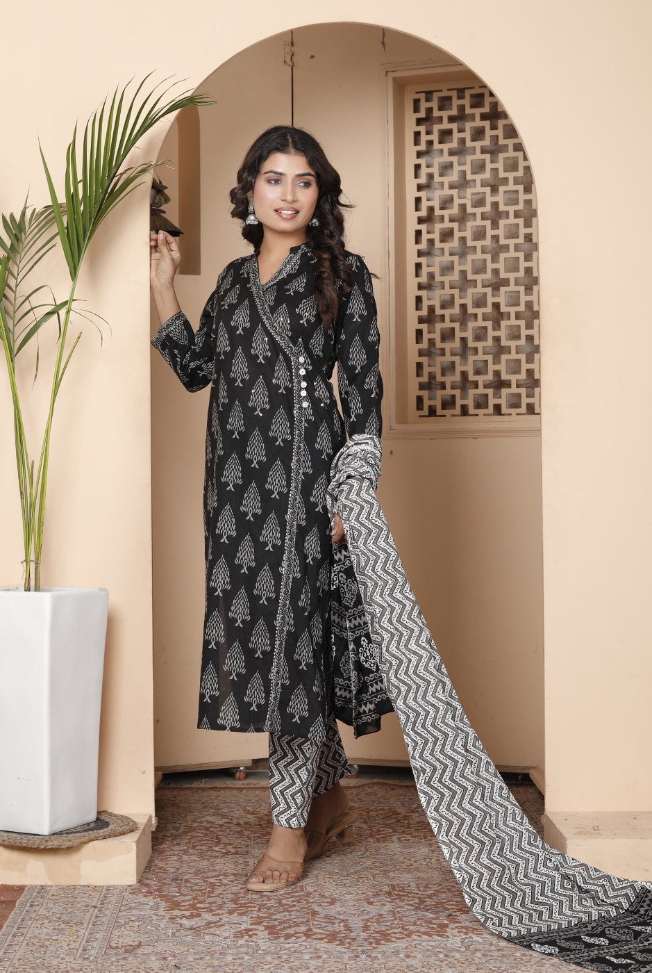 Black Cotton Kurta Pant Set with Dupatta-800133