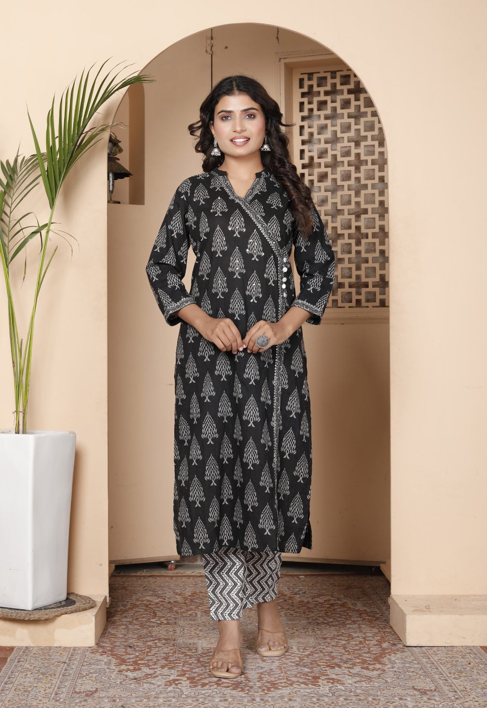 Black Cotton Kurta Pant Set with Dupatta-800133