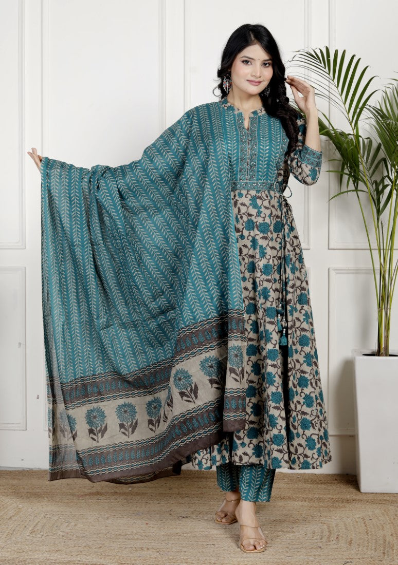 Blue Cotton Anarkali Kurta Pant Set with Dupatta-800136