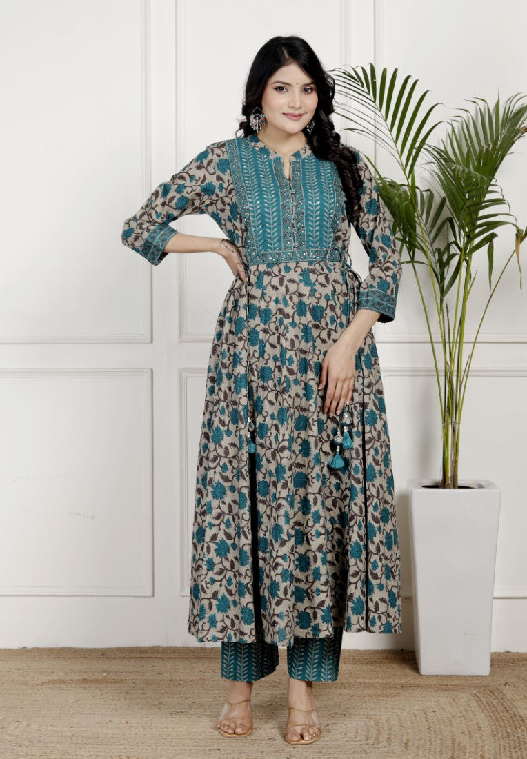 Blue Cotton Anarkali Kurta Pant Set with Dupatta-800136