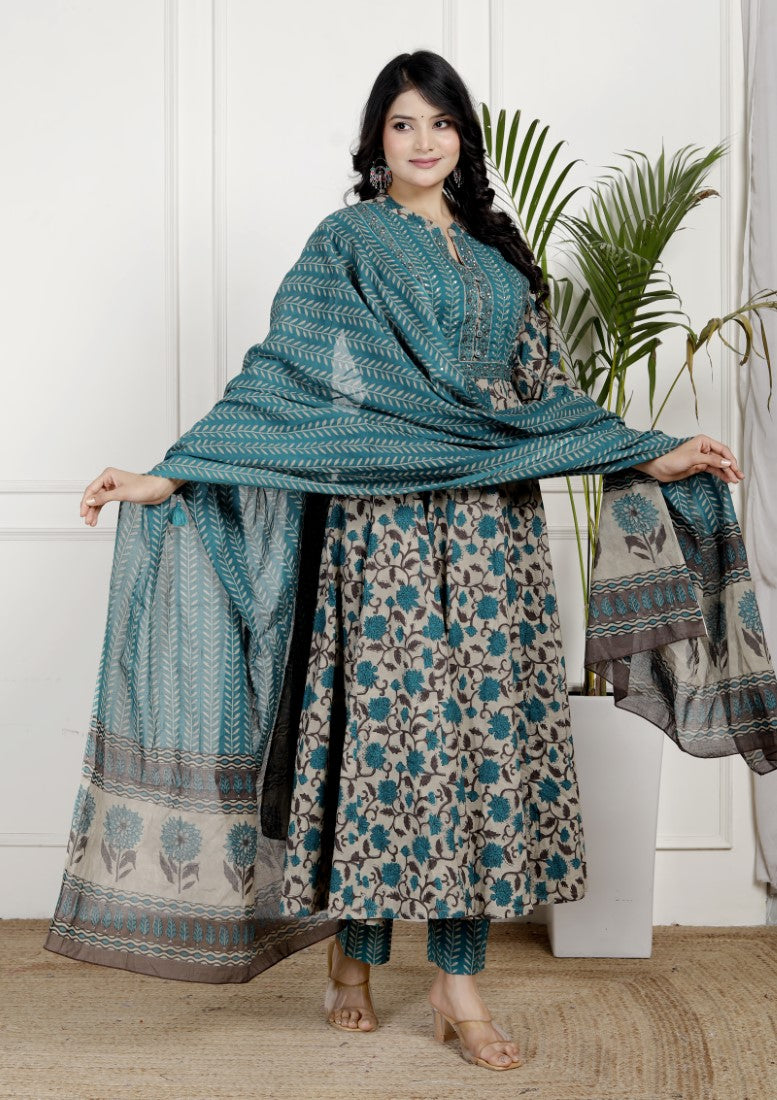 Blue Cotton Anarkali Kurta Pant Set with Dupatta-800136