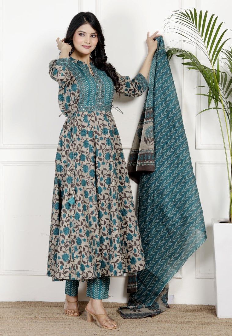 Blue Cotton Anarkali Kurta Pant Set with Dupatta-800136