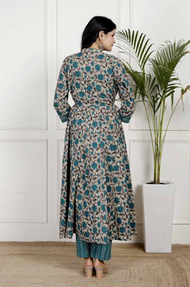 Blue Cotton Anarkali Kurta Pant Set with Dupatta-800136