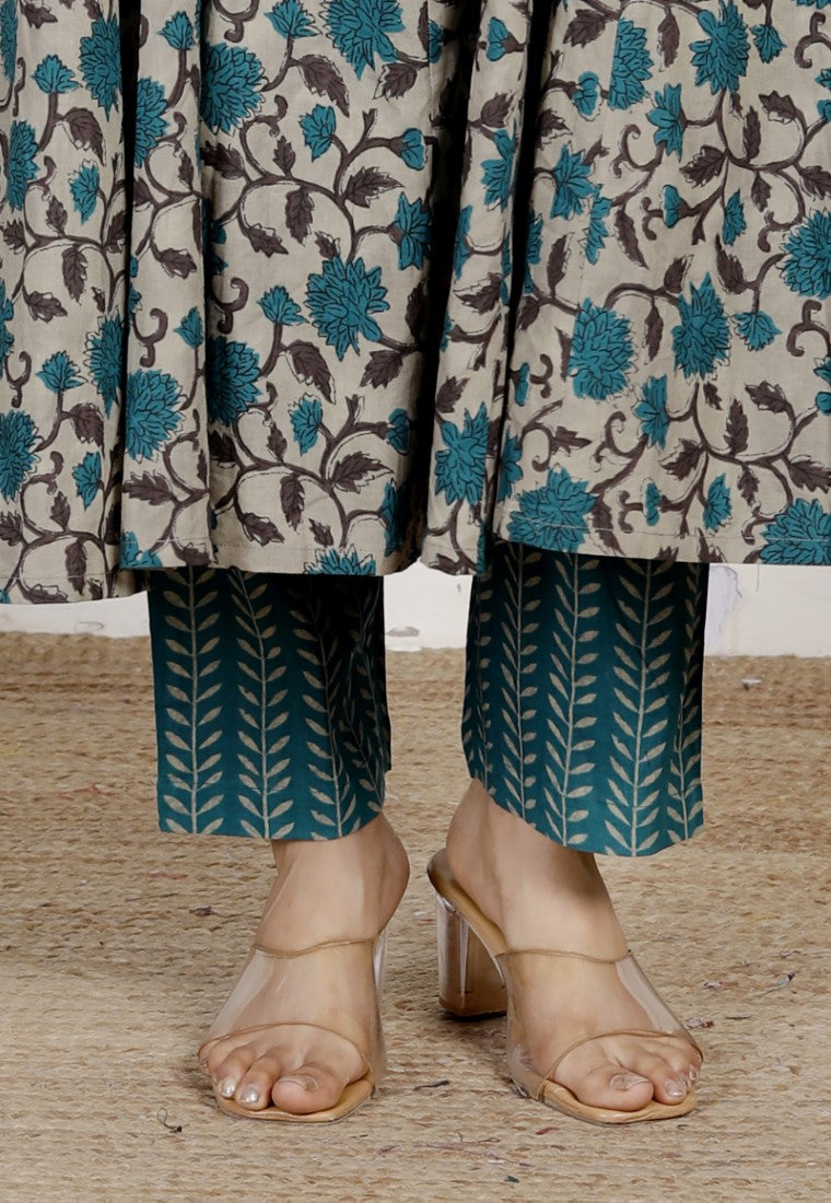 Blue Cotton Anarkali Kurta Pant Set with Dupatta-800136