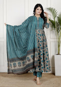 Blue Cotton Anarkali Kurta Pant Set with Dupatta-800136