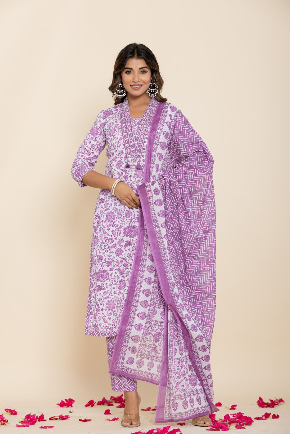 Purple Cotton Kurta Pant Set with Dupatta-800139