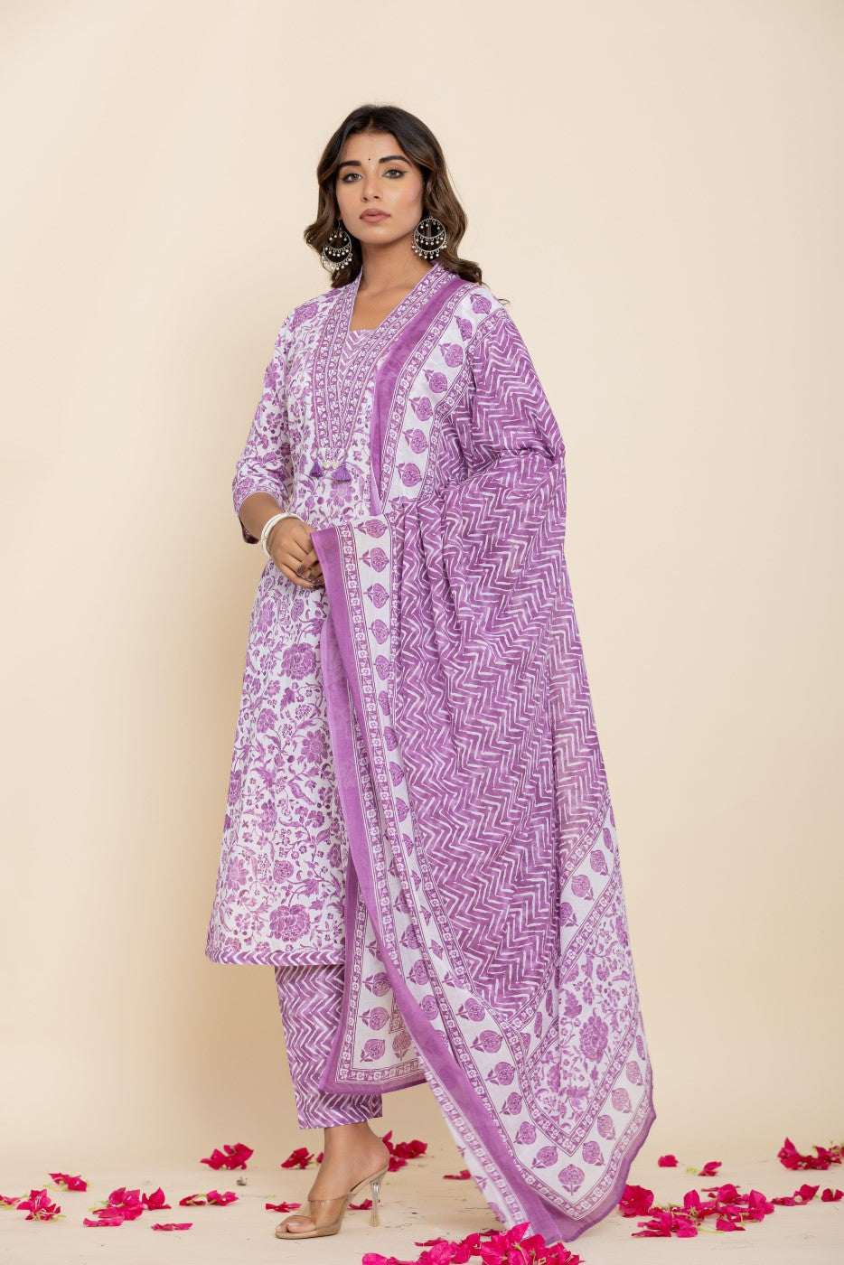 Purple Cotton Kurta Pant Set with Dupatta-800139