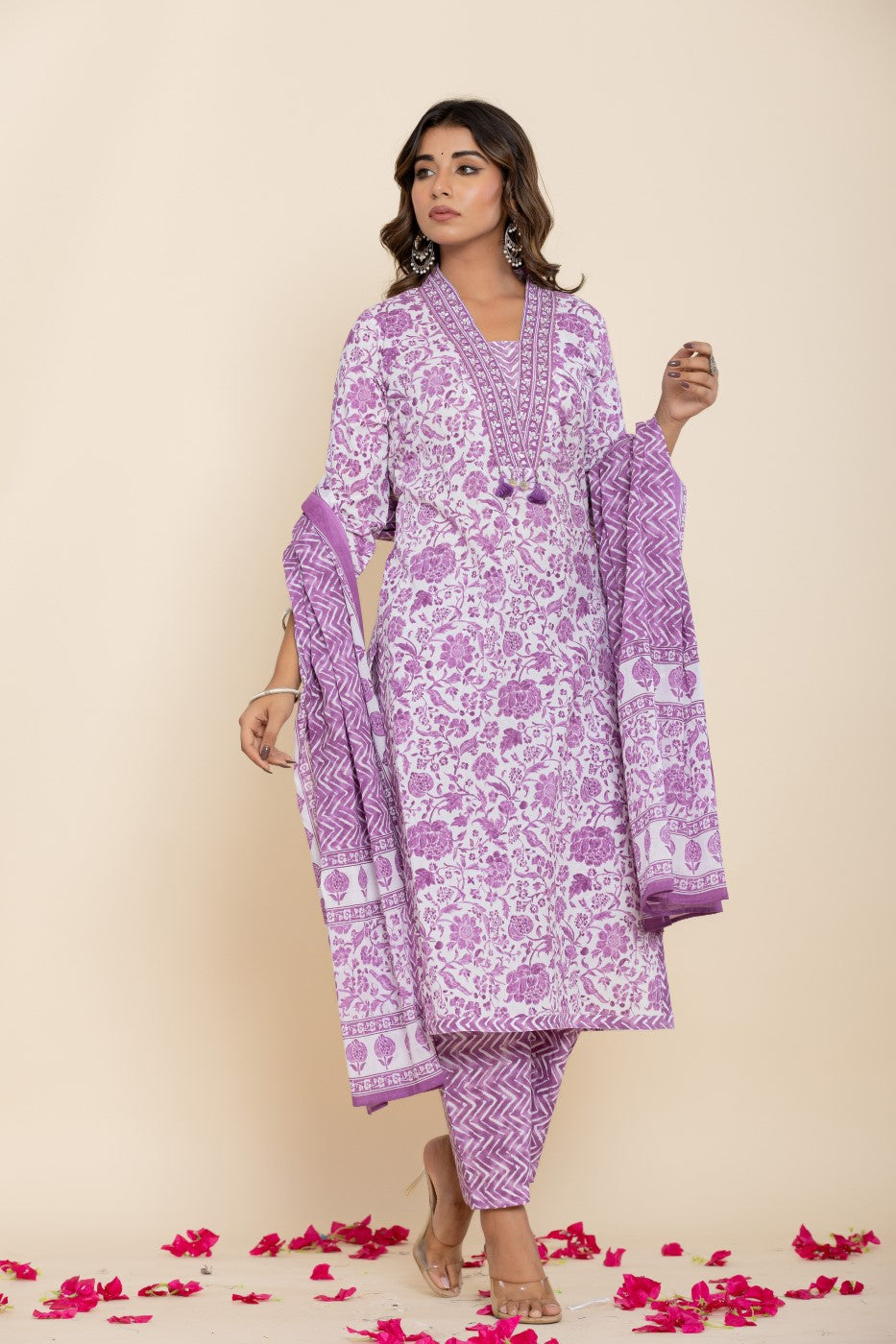 Purple Cotton Kurta Pant Set with Dupatta-800139