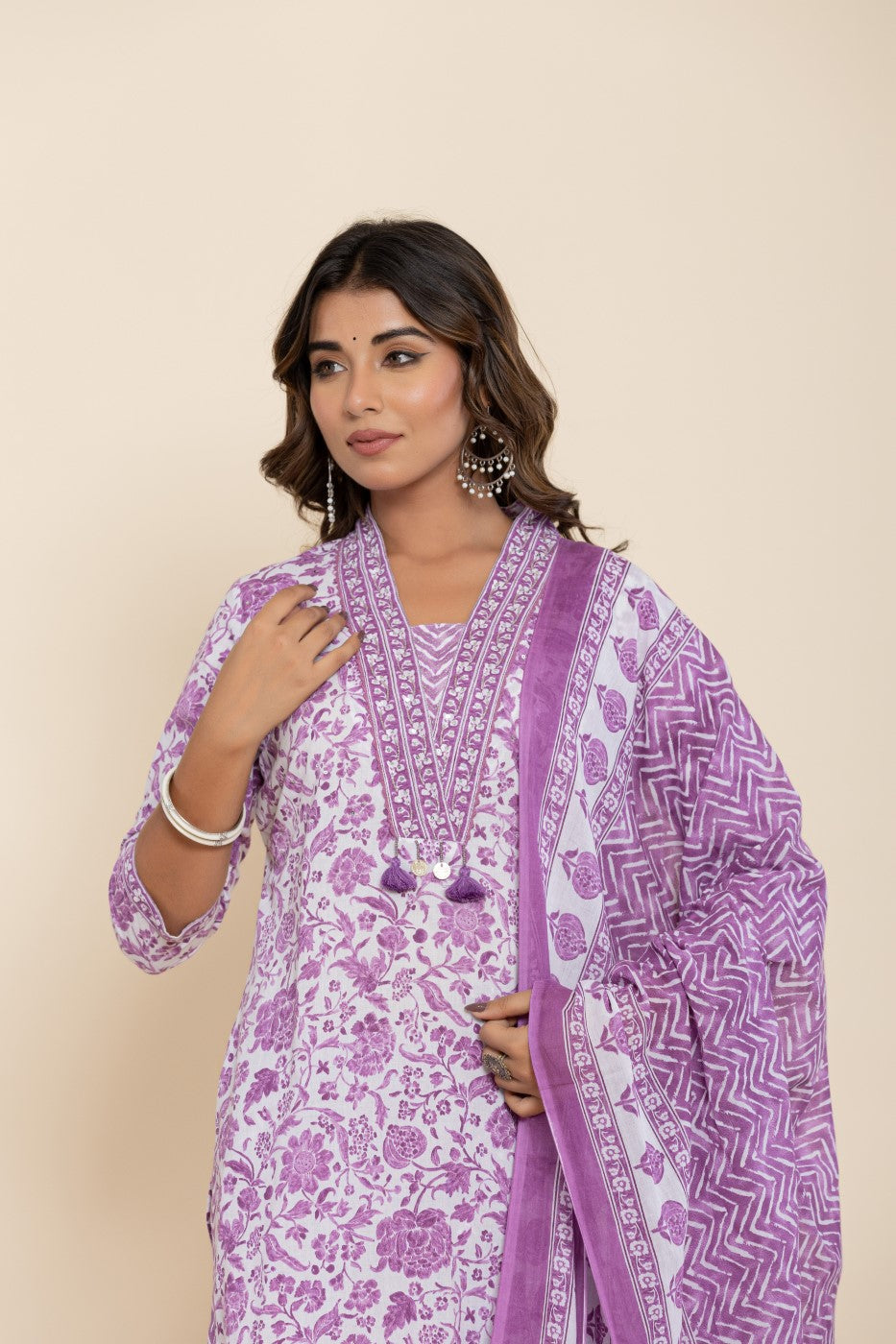 Purple Cotton Kurta Pant Set with Dupatta-800139