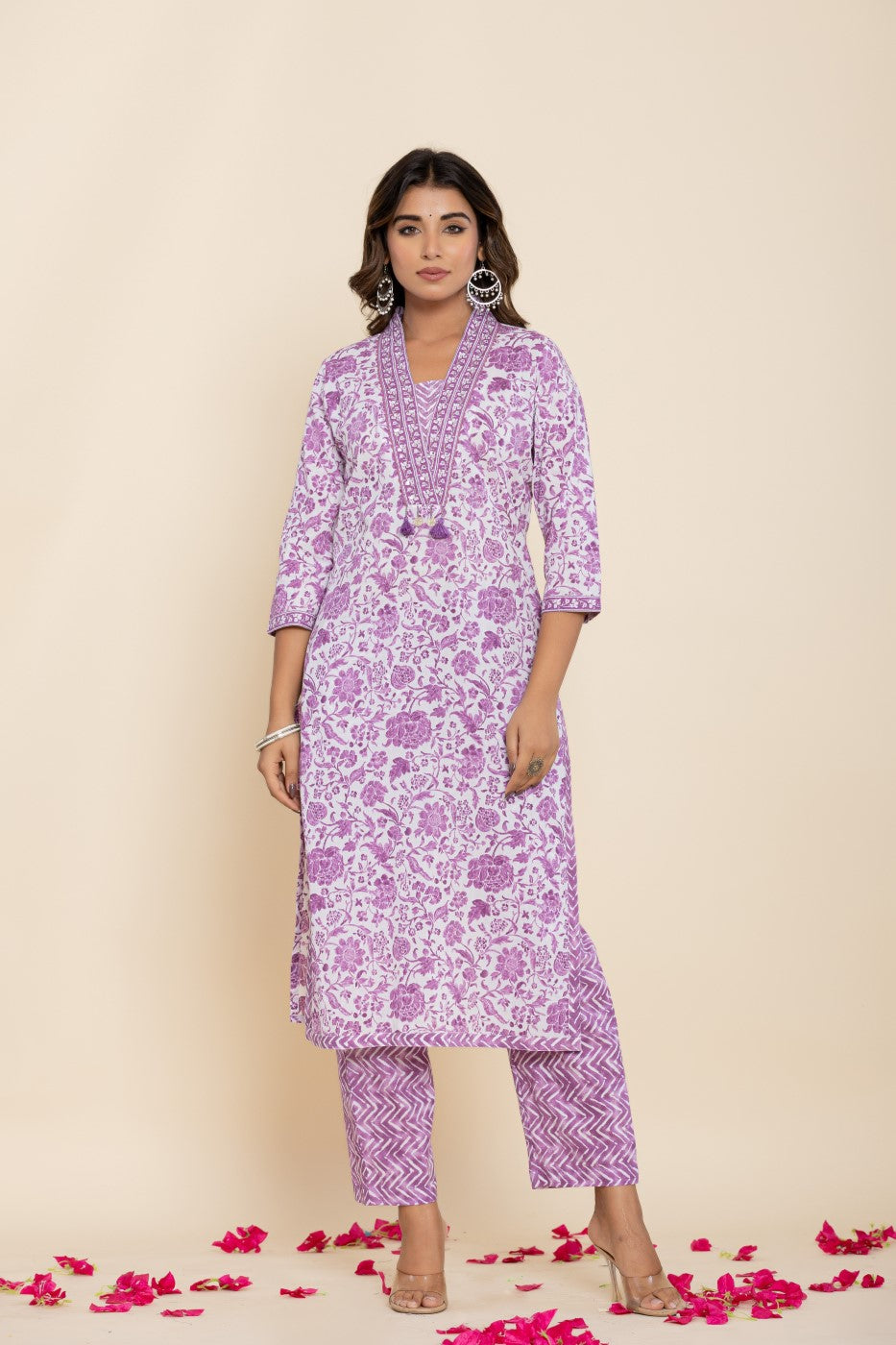 Purple Cotton Kurta Pant Set with Dupatta-800139