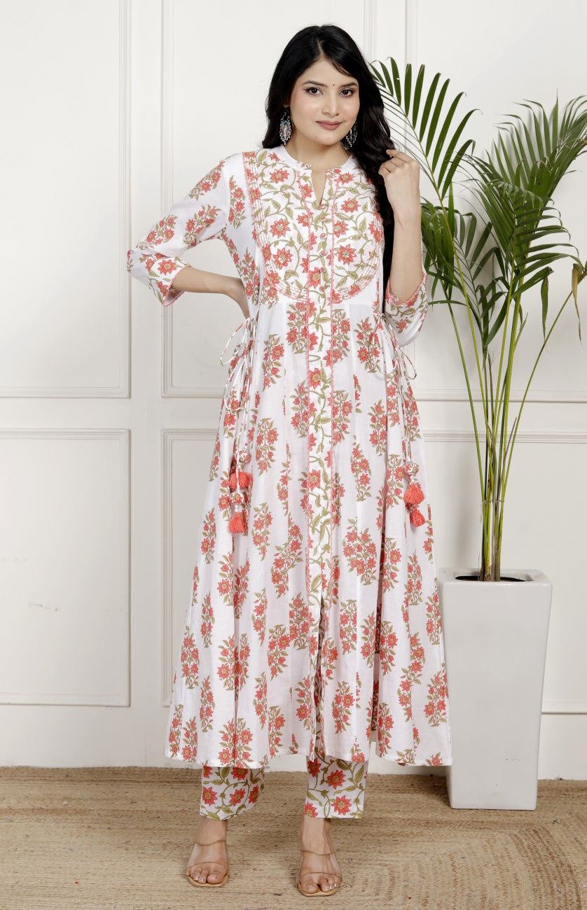 White Cotton Anarkali Kurta Pant Set with Dupatta-800140