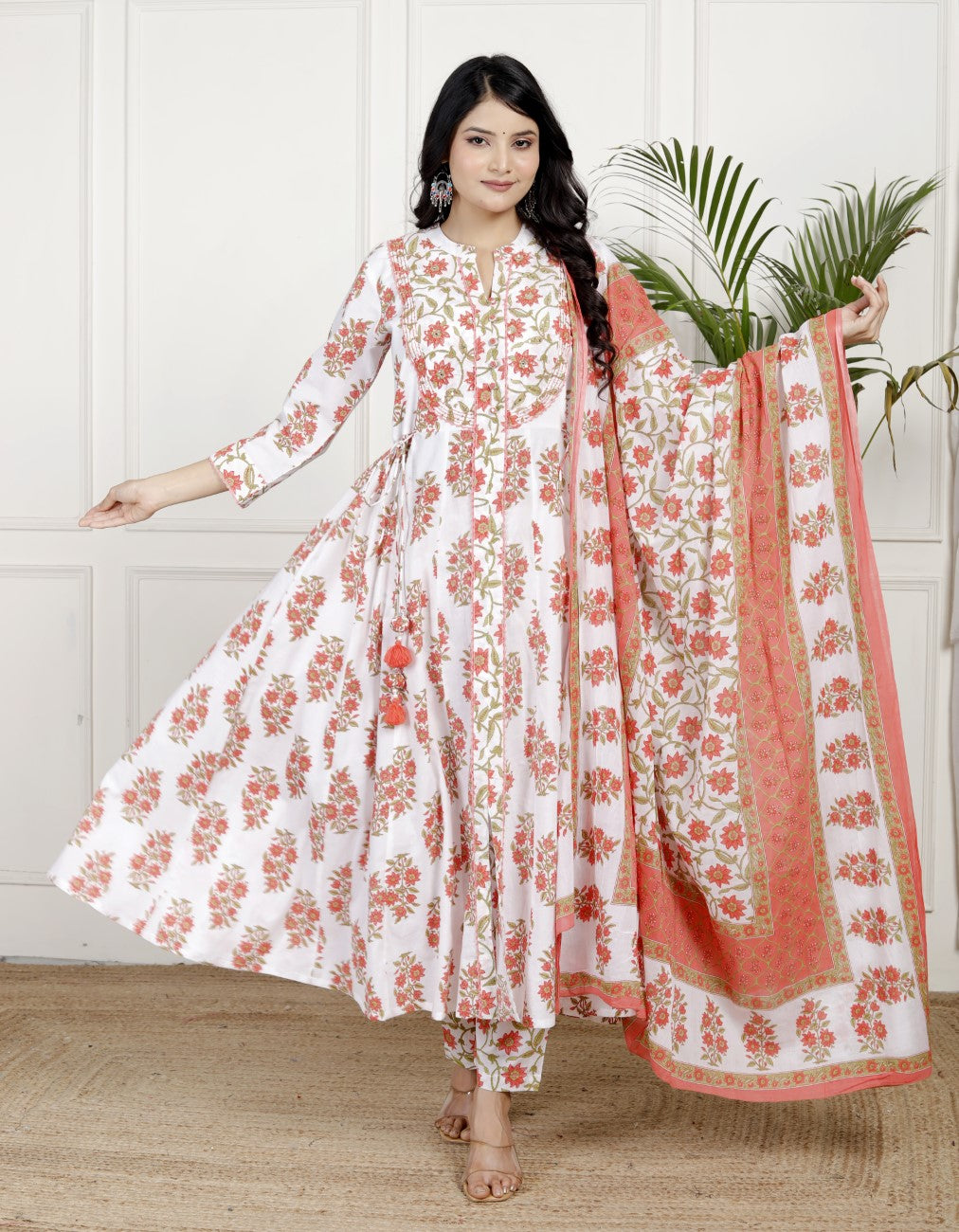 White Cotton Anarkali Kurta Pant Set with Dupatta-800140
